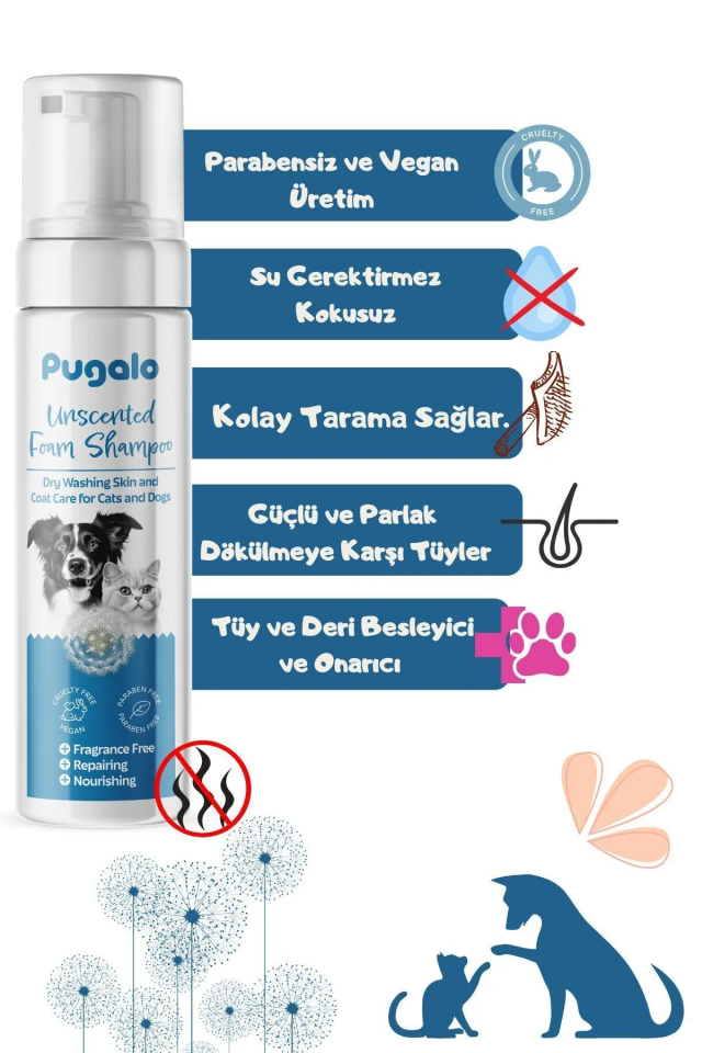 Pugalo Kokusuz Köpük Şampuan Kedi Tüy Dökülmesi Karşıtı Doğal Içerikli Kuru Köpük Şampuan 250 ml