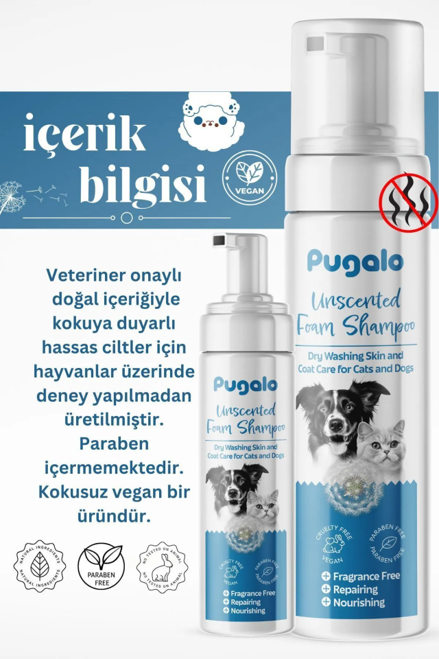 Pugalo Kokusuz Köpük Şampuan Kedi Tüy Dökülmesi Karşıtı Doğal Içerikli Kuru Köpük Şampuan 250 ml