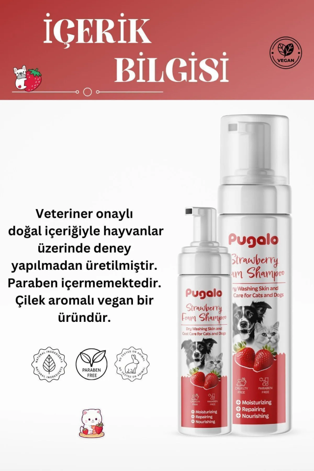 Pugalo Köpük Şampuan Kedi Tüy Dökülmesi Karşıtı Doğal Içerikli Çilekli Kuru Köpük Şampuan 250 ml