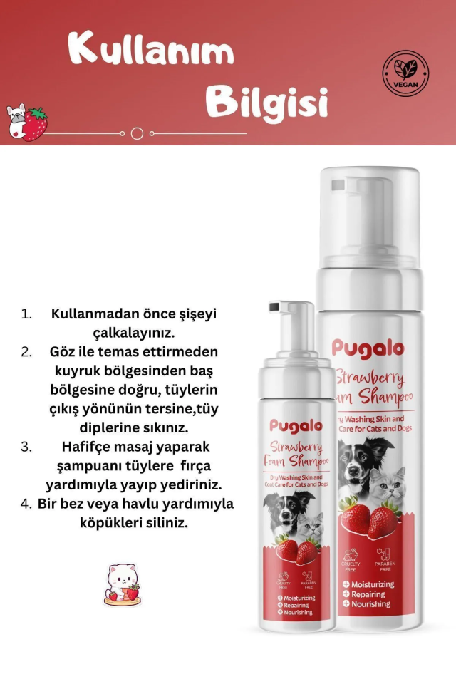 Pugalo Köpük Şampuan Kedi Tüy Dökülmesi Karşıtı Doğal Içerikli Çilekli Kuru Köpük Şampuan 250 ml