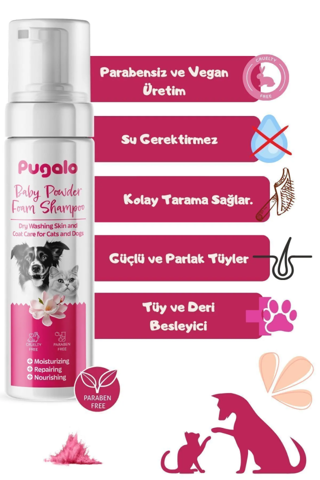 Pugalo Köpük Şampuan Kedi Tüy Dökülmesi Karşıtı Doğal Içerikli Pudralı Kuru Köpük Şampuan 250 ml