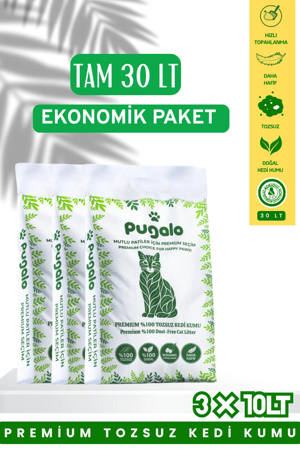 Ekonomik Paket 3x10LT Tozsuz Naturel Premium Koku Hapseden Topaklanan Kedi Kumu 30LT