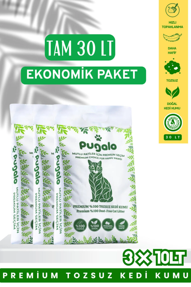 Ekonomik Paket 3x10LT Tozsuz Naturel Premium Koku Hapseden Topaklanan Kedi Kumu 30LT